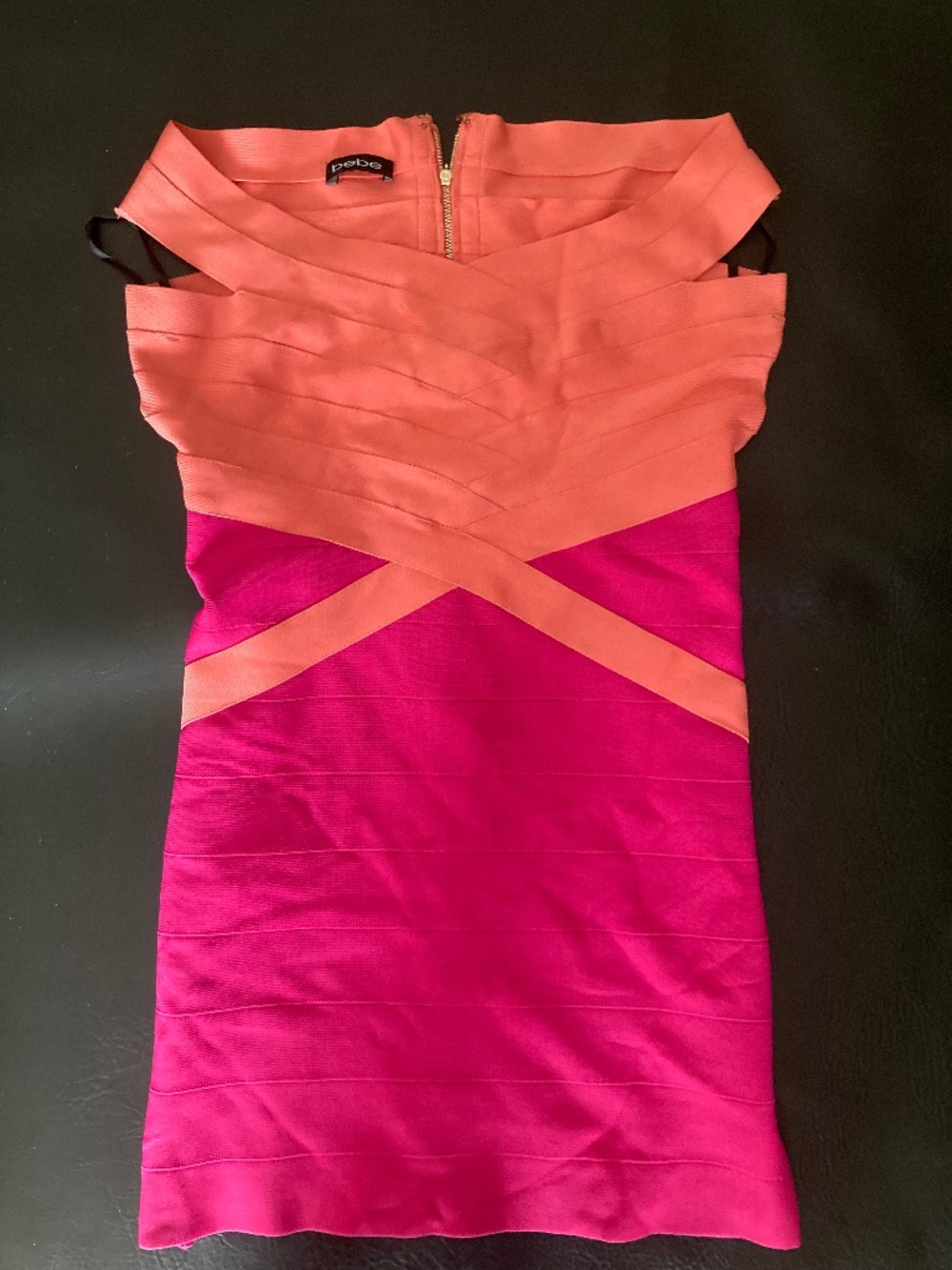 New Bebe coral Orange pink cross over bandage Colorblock bandage dress XL